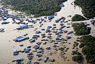 Aerial view, floating village on the Tonle Sap Lake, Cambodia, Southeast Asia, Asia