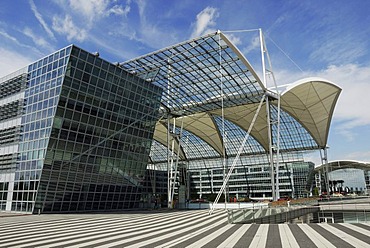 Transparent roof and a modern office building, Terminal 2, Munich Airport, Bavaria, Germany, Europe