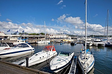 Boats in the harbour, Aker Brygge, Oslo Fjord, Oslo, South Norway, Norway, Scandinavia, Europe