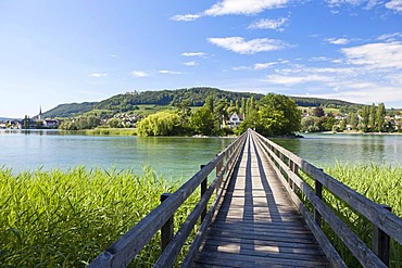 Wooden bridge crossing the Rhine River to Werd Monastery on Werd Island, Stein am Rhein, Switzerland, Europe, PublicGround