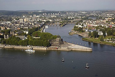 Deutsches Eck headland at the junction of the Rhine River and the Moselle River, equestrian statue of German Emperor Wilhelm, Koblenz, Rhineland-Palatinate, Germany, Europe