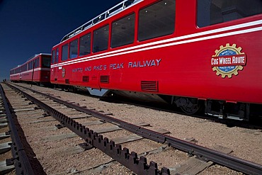 The Manitou and Pikes Peak Railway on the summit of Pikes Peak; the cog railway takes tourists to the top of the 14, 100-foot mountain, Colorado Springs, Colorado, USA