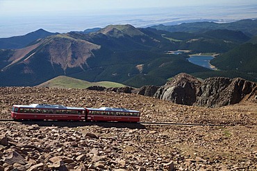 The Manitou and Pikes Peak Railway near the summit of Pikes Peak; the cog railway takes tourists to the top of the 14, 100-foot mountain, Colorado Springs, Colorado, USA