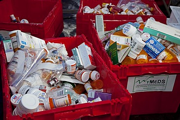 Unwanted or expired prescription and over-the-counter medicines collected for safe disposal by members of the Michigan Pharmacists Association, Lansing, Michigan, USA