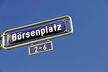 Boersenplatz street, street sign against a blue sky, financial district, Frankfurt, Hesse, Germany, Europe