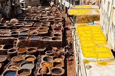 Traditional tannery with dyeing pits, dyed leather spread out on the surrounding rooftops to dry, historic town centre or Medina, UNESCO World Heritage Site, Fez, Morocco, Africa