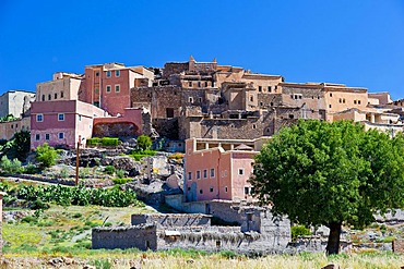 Typical traditional village with brightly painted houses of the Berber in the Anti-Atlas Mountains, southern Morocco, Morocco, Africa