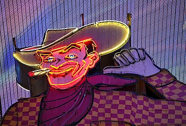 Vegas Vic, famous cowboy figure on a neon sign in old Las Vegas, Pioneer Casino Hotel, Fremont Street Experience, downtown Las Vegas, Nevada, United States of America, USA, PublicGround