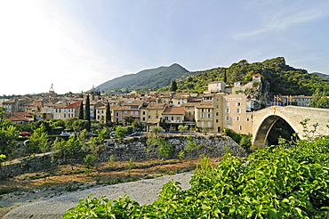 Cityscape with the Pont de Nyons or Pont Roman or Roman bridge and Le Vieux Moulin a Huile, oil mill, Nyons, Rhone-Alpes, France, Europe