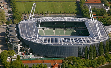 Aerial view, Weserstadion, stadium with solar panels on the roof, Bremen, Germany, Europe