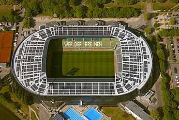 Aerial view, Weserstadion, stadium with solar panels on the roof, Bremen, Germany, Europe