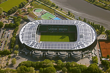 Aerial view, Weserstadion, stadium with solar panels on the roof, Bremen, Germany, Europe