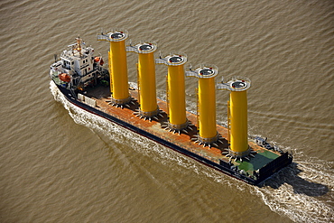 Aerial view, Aura Turka freighter, entrance to Kiel Canal, Dithmarschen, Schleswig-Holstein, Germany, Europe