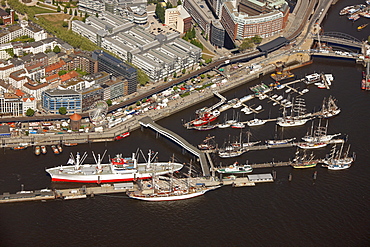 Aerial view, Cap San Diego museum ship, Ueberseebruecke landing bridge, Elbe river, St. Pauli, Hamburg, Germany, Europe