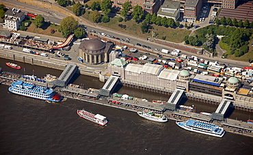 Aerial view, paddle steamer, Old Elbe Tunnel, Elbe river, Landungsbruecken landing stages, Sankt Pauli, Hamburg, Germany, Europe