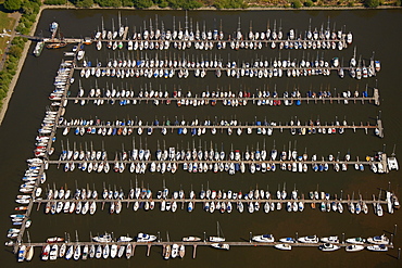 Aerial view, rows of boats, marina, sailing harbour, Hamburger Yachthafen-Gemeinschaft e.V. association, Wedel, Schleswig-Holstein, Germany, Europe