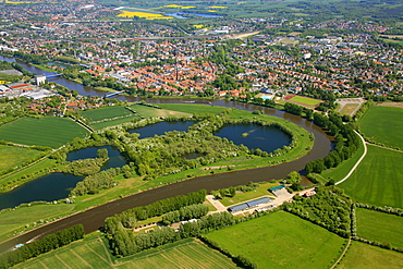 Aerial view, old town, Weser, Nienburg, Lower Saxony, Germany, Europe