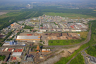 Aerial view, Bayer Schering Pharma AG, Bayer HealthCare Pharmaceuticals, pharmaceutical plant, Bergkamen, Ruhr area, North Rhine-Westphalia, Germany, Europe