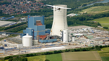 Aerial view, Cessna 172, aircraft of the General Aviation, flying in front of the EON Kraftwerk Datteln 4 power station, Castrop-Rauxel, Ruhr area, North Rhine-Westphalia, Germany, Europe