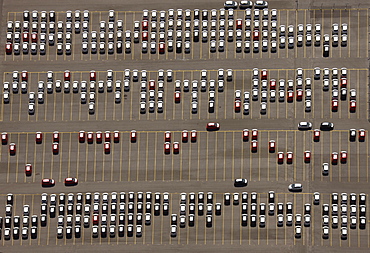 Aerial view, parking site, car import, Logport industrial park in Duisburg-Rheinhausen, Ruhr area, North Rhine-Westphalia, Germany, Europe