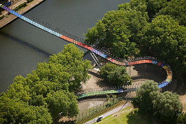 Aerial view, Slinky Springs To Fame, illuminated sculpture by Tobias Rehberger on the pedestrian and bicycle bridge crossing the Rhine-Herne Canal, Oberhausen, Ruhr area, North Rhine-Westphalia, Germany, Europe