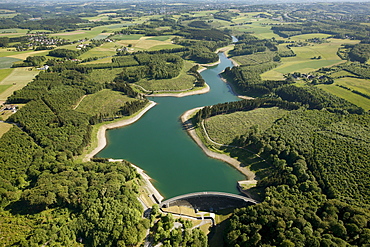 Aerial view, Herbringhauser Talsperre dam, Herbringhauser Bach creek, Bergisches Land region, North Rhine-Westphalia, Germany, Europe
