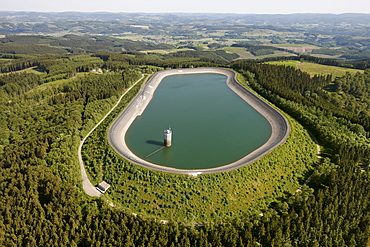 Aerial view, pumped storage power plant, pumping stations, PSW, reservoir in Roenkhausen, Kreis Olpe county, Sauerland region, North Rhine-Westphalia, Germany, Europe