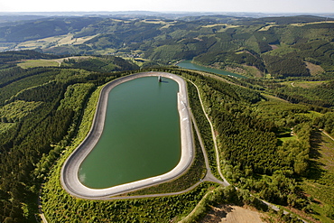 Aerial view, pumped storage power plant, pumping stations, PSW, reservoir in Roenkhausen, Kreis Olpe county, Sauerland region, North Rhine-Westphalia, Germany, Europe