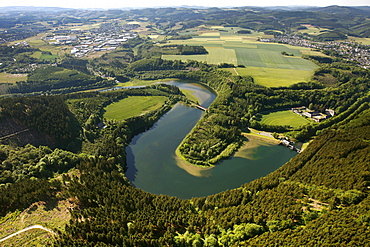 Aerial view, Ahauser Stausee storage lake, areas of Attendorn city and Finnentrop town, Kreis Olpe county, Sauerland region, North Rhine-Westphalia, Germany, Europe