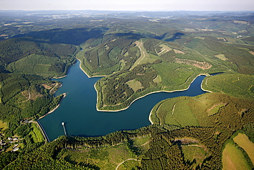 Aerial view, Obernautal Dam, dam of Obernaustausee reservoir at the southwest of the Rothaar Mountains, Siegen-Wittgenstein, Sauerland, North Rhine-Westphalia, Germany, Europe