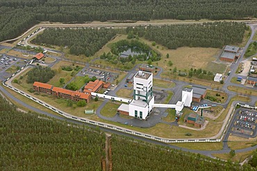 Aerial view, nuclear castor storage, nuclear repository, nuclear disposal facility, a former salt mine, Elbe, Luechow-Dannenberg, Lower Saxony, Germany, Europe