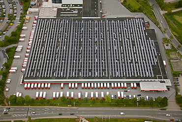 Aerial view, roof with solar panels, Ostermann discount furniture store, trucks and delivery vans, logistics centre, Annen, Witten, Ruhr Area, North Rhine-Westphalia, Germany, Europe