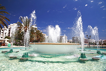 Fountain at the beach promenade of Santa Eulalia, Ibiza, Spain, Europe