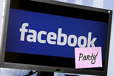 Computer with Facebook logo and sticker with the word party, symbolic image for Facebook parties