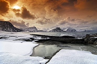 Winter landscape, beach, Lofoten, Norway, Europe