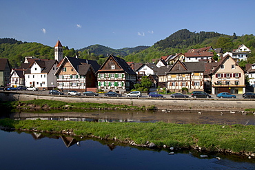 Half-timbered houses on the Murg river, Obertsrot, Gernsbach, Murgtal valley, Black Forest, Baden-Wuerttemberg, Germany, Europe