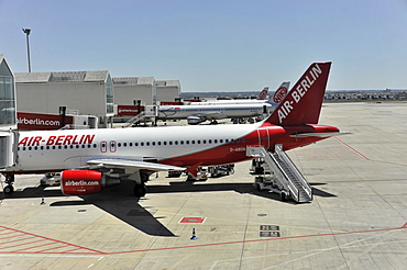 Airplanes of Air Berlin and NIKI, in front D-ABDR Airbus A 320-214D Air Berlin, airport of Palma de Majorca, Majorca, Balearic Islands, Spain, Europe