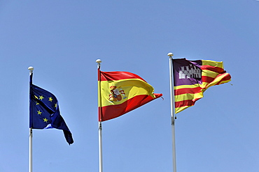 Flags of Europe, Spain and Majorca, airport of Palma de Majorca, Majorca, Balearic Islands, Spain, Europe