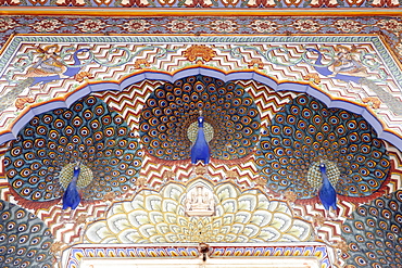 Monsoon Gate of the City Palace richly decorated with blue peacocks, Jaipur, Rajasthan, India, Asia