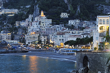 Night view of Amalfi, Costiera Amalfitana or Amalfi Coast, UNESCO World Heritage Site, Campania, Italy, Europe