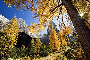 Hiking path in the Fischleintal with Zwoelferkogel, Sextenan Dolomites, South Tyrol, Italy