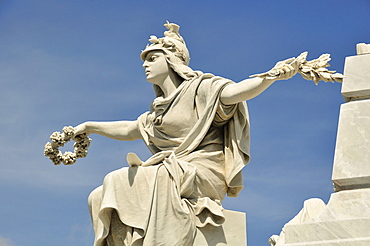 Statue on one of the monumental tombs, Colon Cemetery, Cementerio Cristobal Colon, named after Christopher Columbus, Havana, Cuba, Caribbean