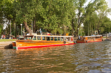 Commercial boat navigating on the Parana delta, Tigre, Buenos Aires, Argentina, South America