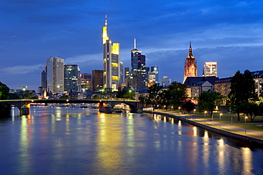 Skyline at dusk, Financial District, Frankfurt am Main, Hesse, Germany, Europe