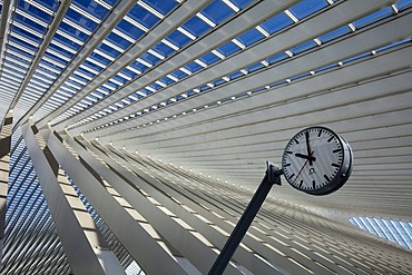 Roof detail with clock, Gare de Liege-Guillemin station by architect Santiago Calatrava, Liege, Wallonia or Walloon Region, Belgium, Europe