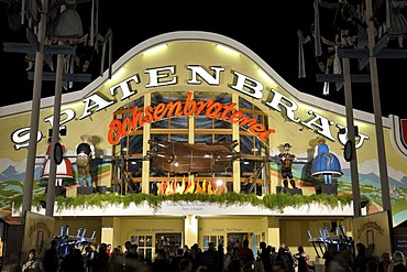 Brightly illuminated Spatenbraeu Ochsenbraterei festival tent at night, Oktoberfest 2010, Munich, Upper Bavaria, Bavaria, Germany, Europe