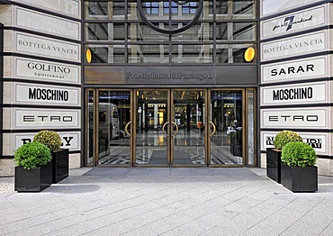 Logos of various luxury brands in front of the entrance, Friedrichstadt Passagen mall, Friedrichstrasse, Berlin, Germany, Europe