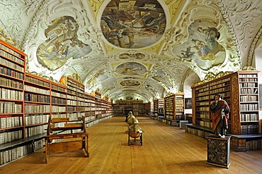 Globes, very old books, library, hall of theology, Strahov Abbey, Hradschin castle district, Prague, Czech Republic, Europe