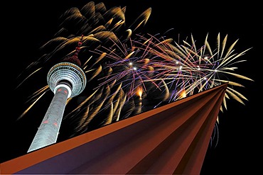 Berlin TV tower, fireworks on New Years Eve, Alexanderplatz, Berlin Germany, Europe, Composing