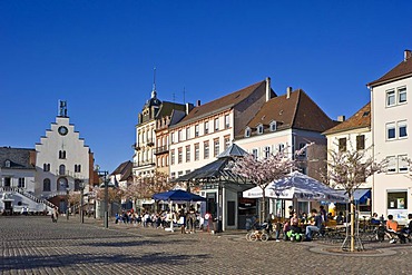 Marketplace with almond tree blossom, Landau, Deutsche Weinstrasse, German Wine Road, Pfalz, Rhineland-Palatinate, Germany, Europe